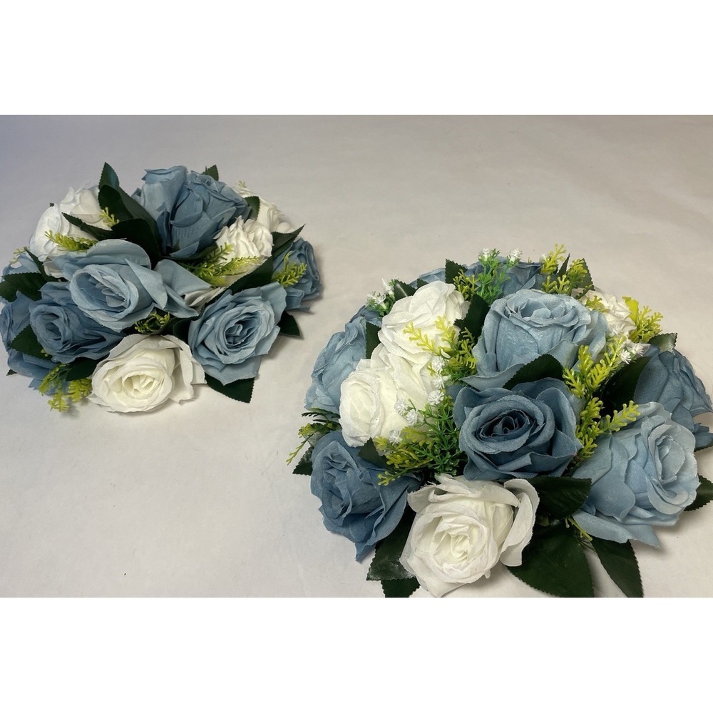 Bouquet Centerpiece Silk Flower Ball-WHITE/BLUE- Event Decor Wedding LOT OF TWO
